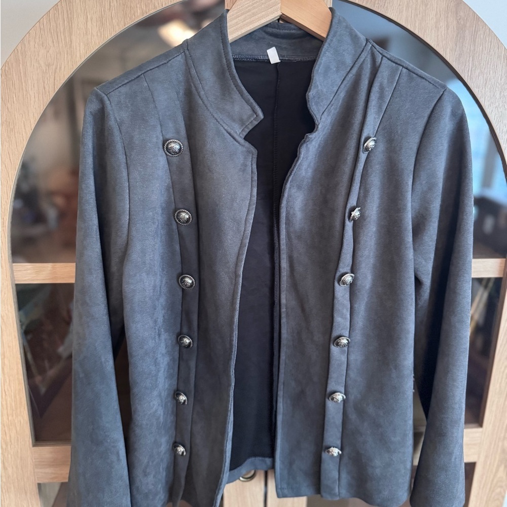 Gray Faux Suede Military Button Jacket Women’s Medium Academia Blazer